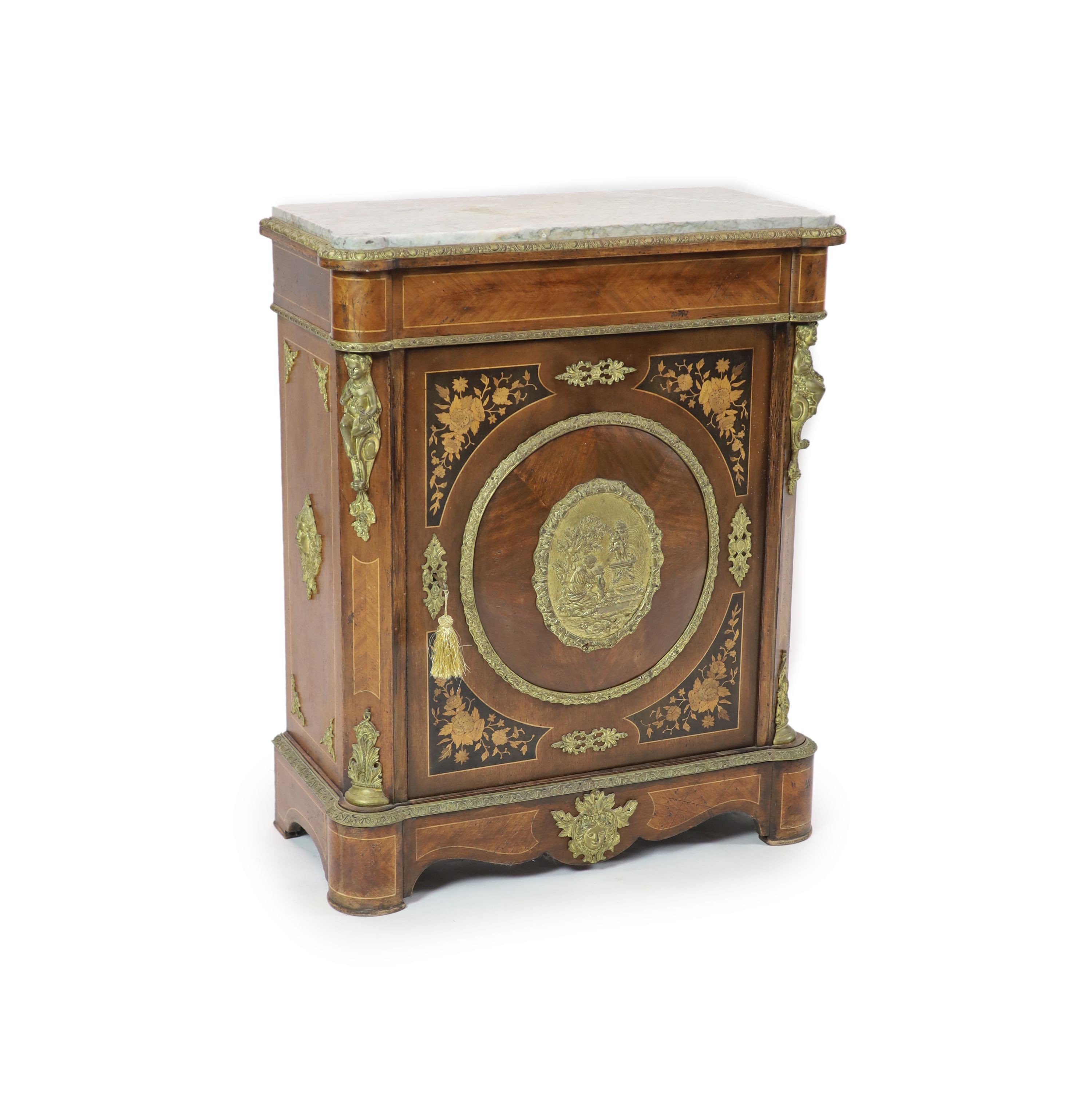 A Louis XVI style marquetry inlaid walnut, marble topped pier cabinet, width 84cm, depth 40cm, height 103cm